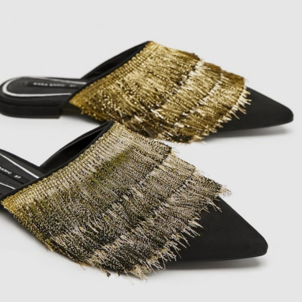 NWT Zara Flat Fringe Mules Black Golden - Picture 3 of 4